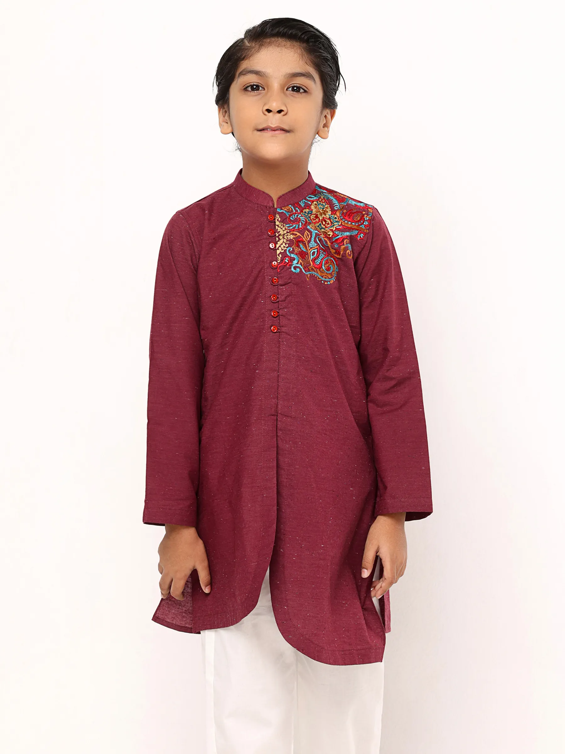 Maroon Embroidered and Printed Viscose-Cotton Panjabi Pajama Set